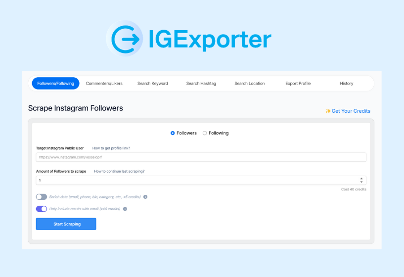 IGExporter’s email scraping page display