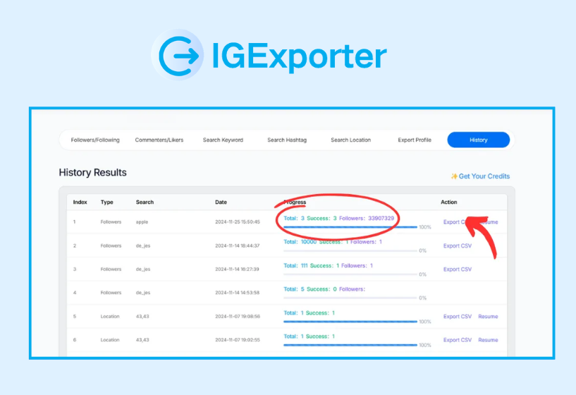 IGExporter’s data collection page display