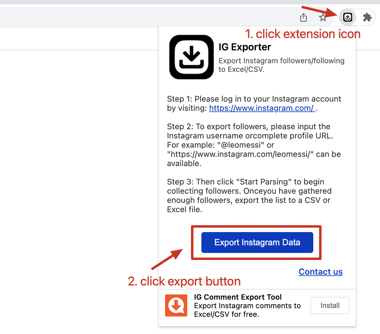 IG Exporter - passo 1, clique no ícone da extensão